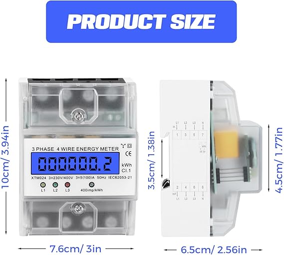 Contador De Electricidad 3 Fases 4 Hilos,Medidor De Corriente Trifásico 230V 400V 5-100A,Digital LCD,Contador De Electricidad Trifásico para Carril DIN Medidor Intermedio De Corriente