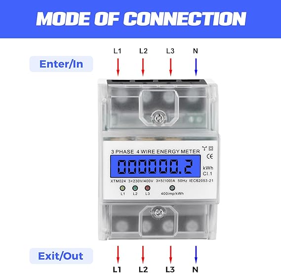 Contador De Electricidad 3 Fases 4 Hilos,Medidor De Corriente Trifásico 230V 400V 5-100A,Digital LCD,Contador De Electricidad Trifásico para Carril DIN Medidor Intermedio De Corriente