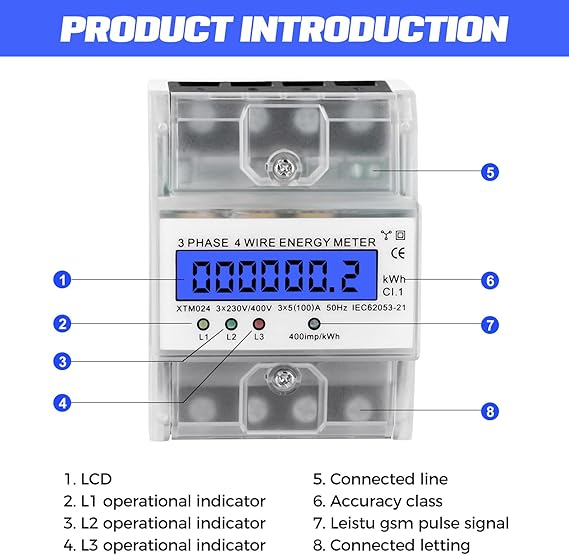 Contador De Electricidad 3 Fases 4 Hilos,Medidor De Corriente Trifásico 230V 400V 5-100A,Digital LCD,Contador De Electricidad Trifásico para Carril DIN Medidor Intermedio De Corriente