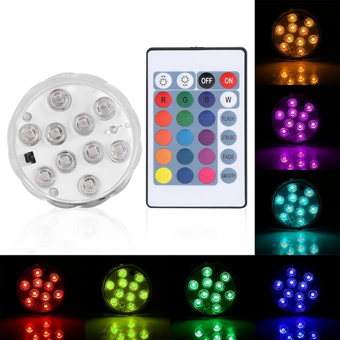 Luces LED sumergibles, LED a prueba de agua que cambia la luz subacuática del té electrónico Lámpara de luz redonda con control remoto para el tanque de peces de acuario Jardín Pool Pond Party