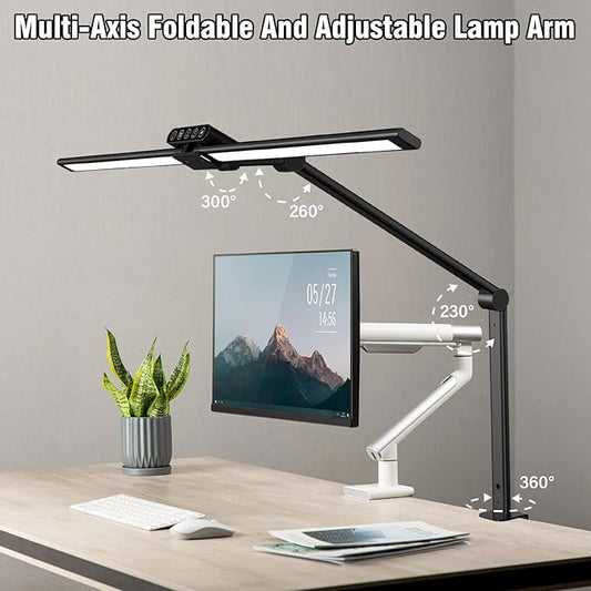 Lampara Escritorio LED de Doble Cabeza 24W 80CM Lámparas de Escritorio 5 Temperaturas Color y Atenuación Continua LED Escritorio Regulable con Abrazadera para Oficina Estudio Monitor